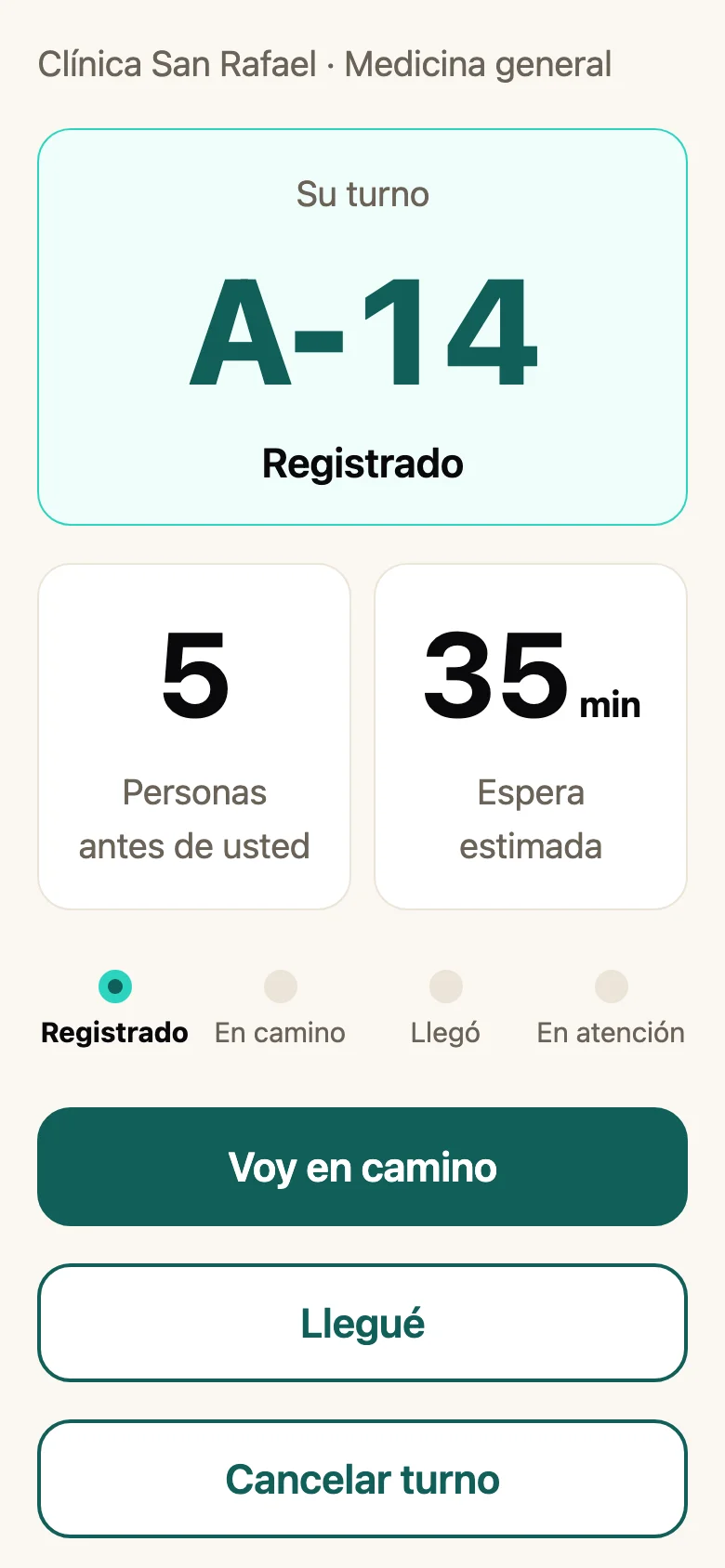 Pantalla del turno en la app de Adelante