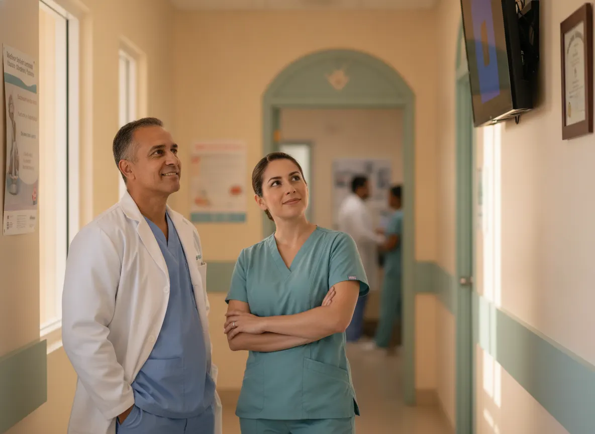 Una doctora y una enfermera revisan juntas la fila del día en la pantalla de la pared.
