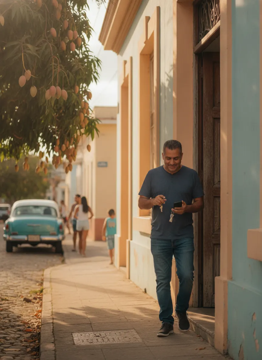 Un señor sale de su casa con el teléfono en la mano después de recibir el aviso de “salga ahora”.