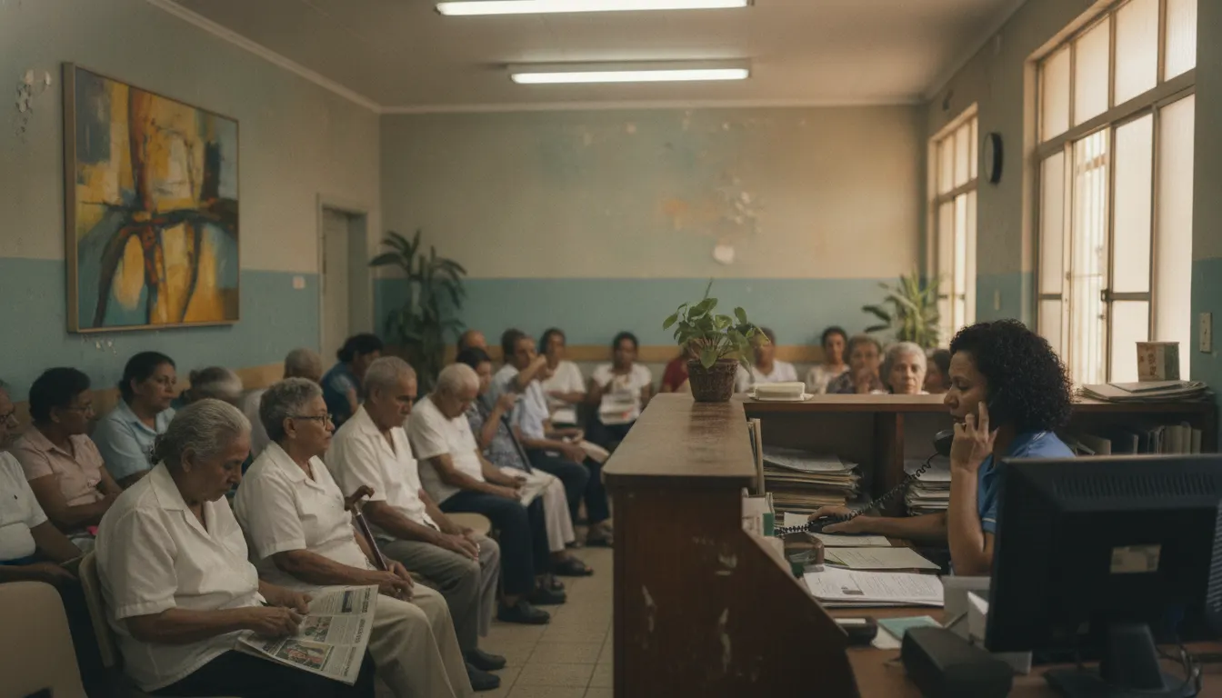 Sala de espera llena en una clínica de Puerto Rico: pacientes sentados mirando la puerta, una mañana entera.